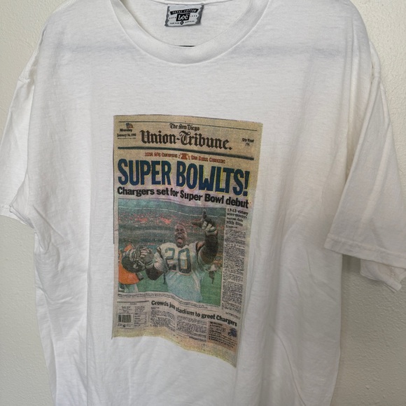 Vintage 90s 1995 NFL Chargers Super Bowl Tshirt Newspaper ‘The Bolt is back’ - Picture 4 of 6